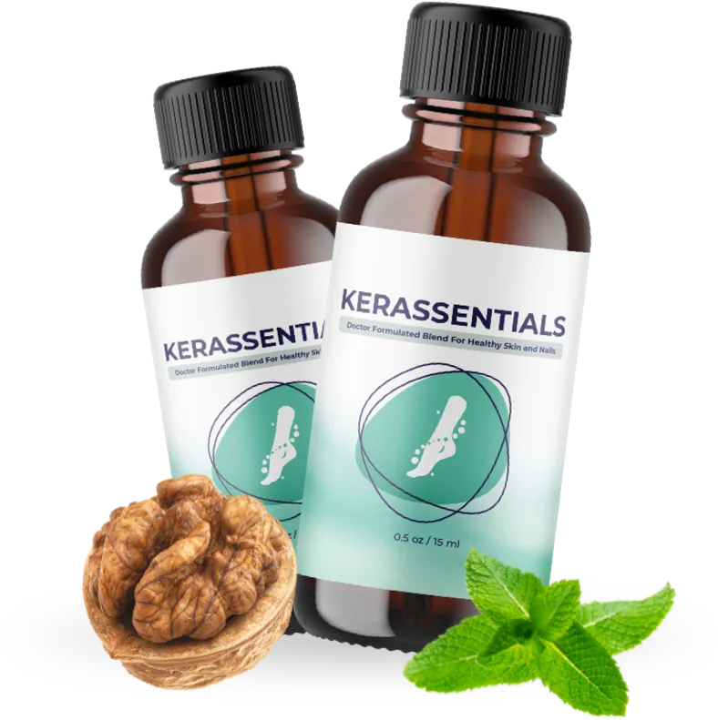Two Kerassentials bottles with walnut and mint leaves