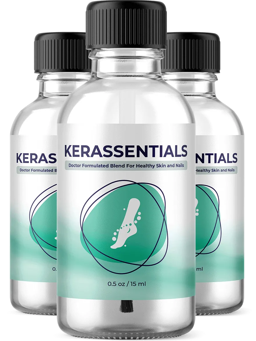 Three bottles of Kerassentials doctor-formulated nail and skin blend